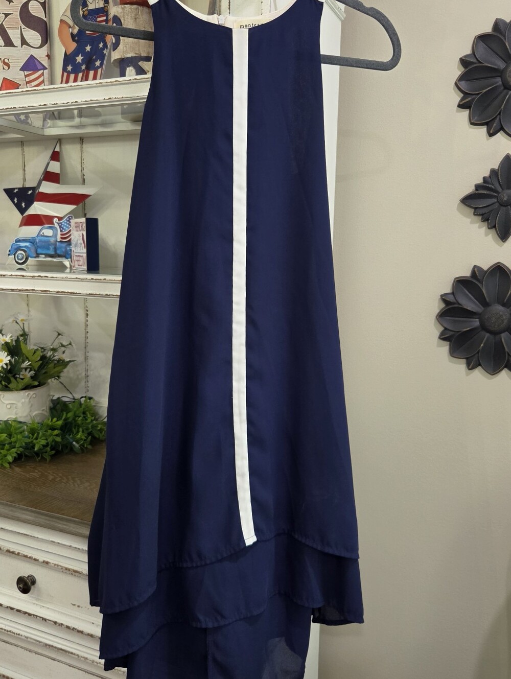 Monteau Navy Blue Layered Shift Dress with White Center Stripe